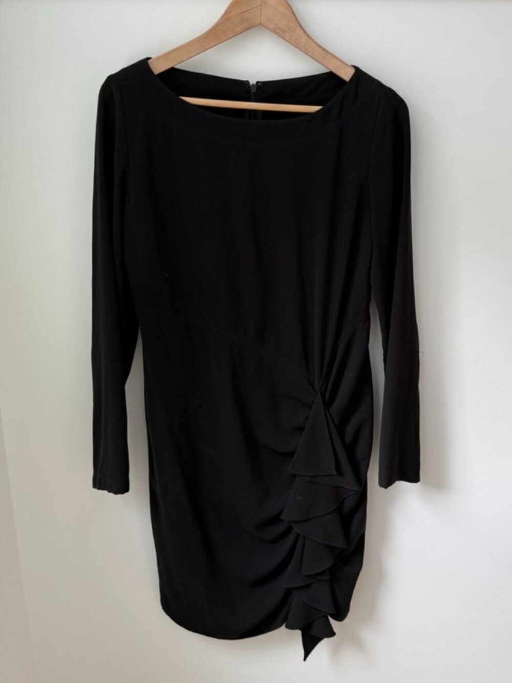 ST. JOHN Collection Black Long Sleeve Ruched Ruffle Side Mini Sheath Dress